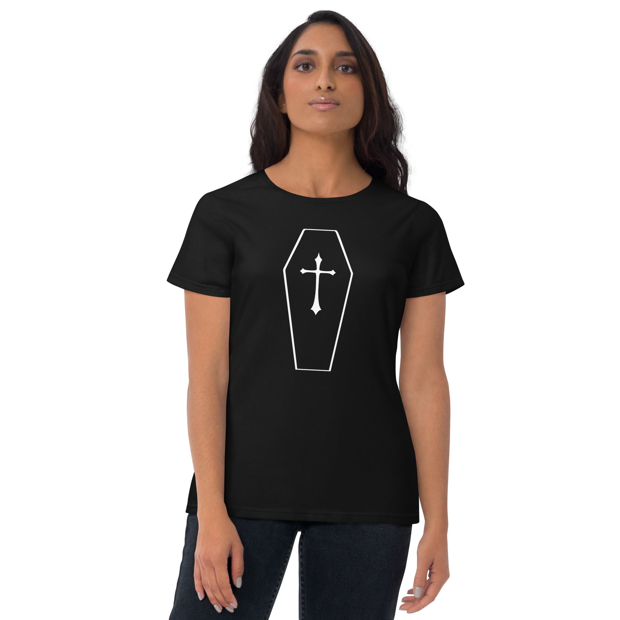 Vintage Toe Pincher Coffin w/ Gothic Cross Women's Short Sleeve Babydoll T-shirt