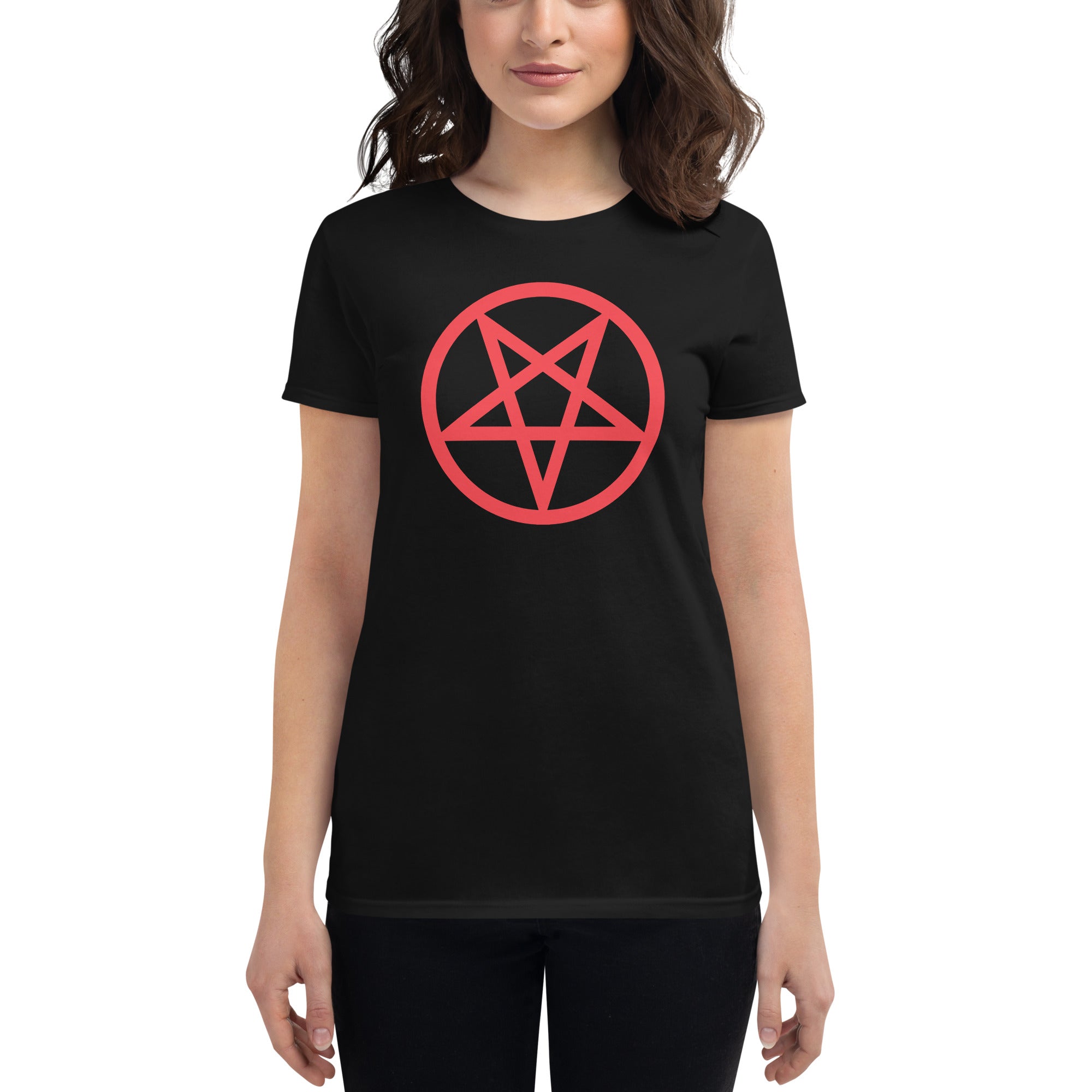 Red Classic Inverted Pentagram Occult Symbol Women's Short Sleeve Babydoll T-shirt