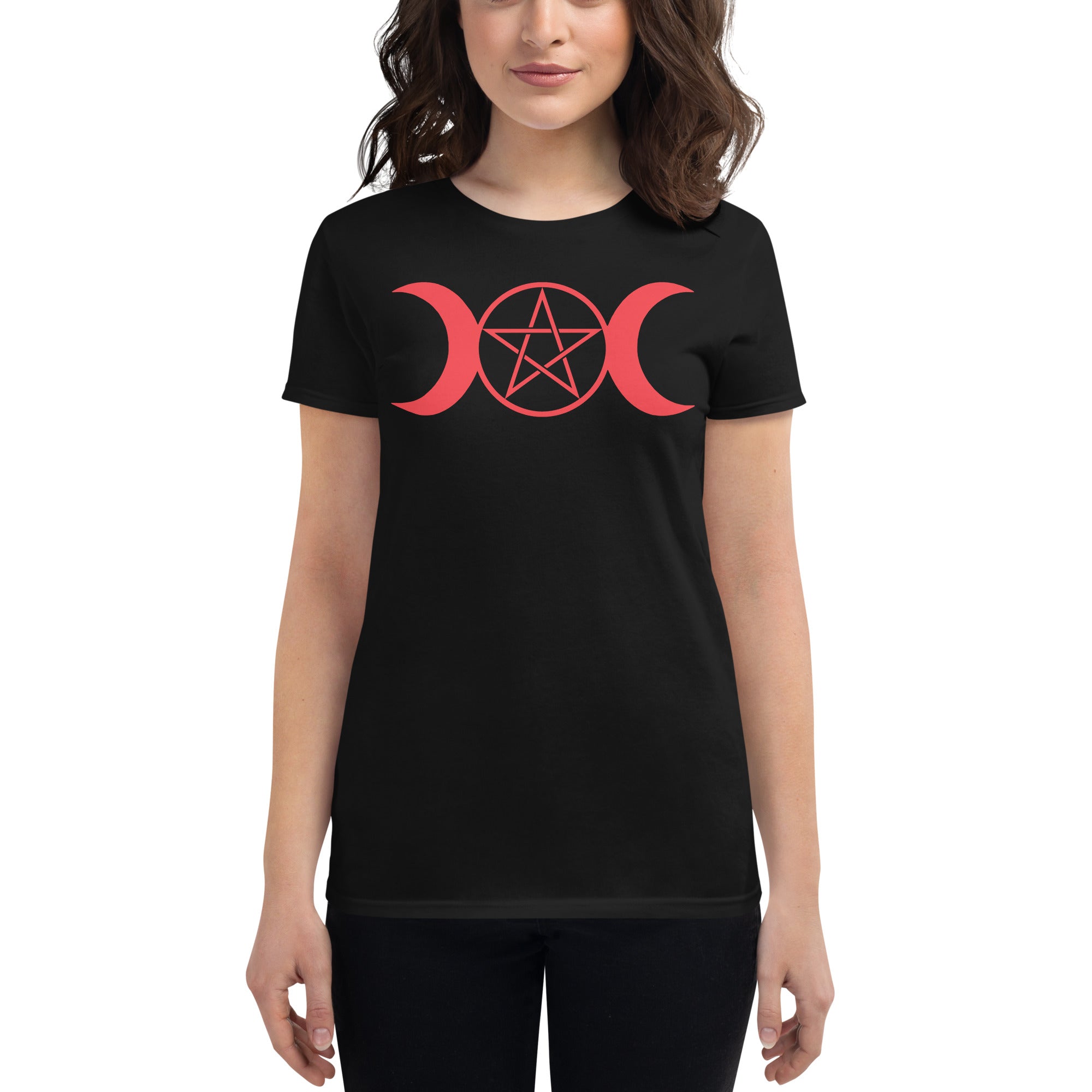 Red Triple Moon Goddess Wiccan Pagan Symbol Women's Short Sleeve Babydoll T-shirt