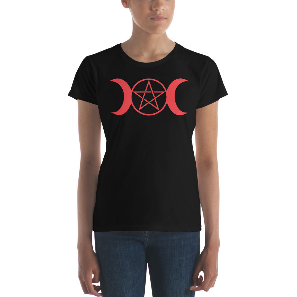 Red Triple Moon Goddess Wiccan Pagan Symbol Women's Short Sleeve Babydoll T-shirt