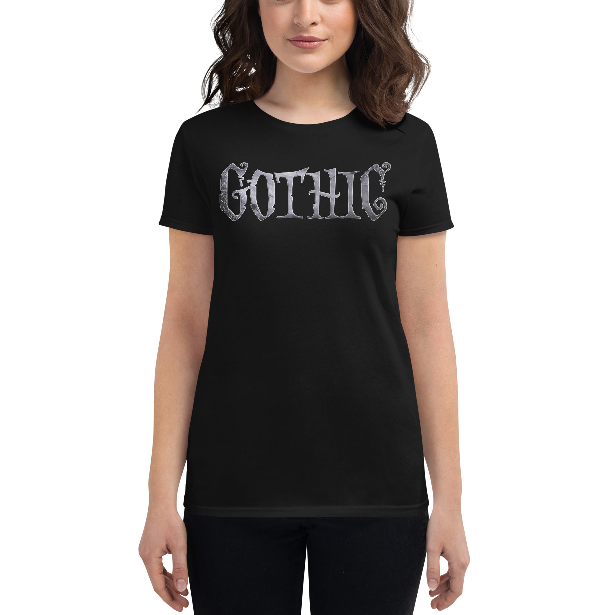 Gothic Spider Web Style Letters Dark Goth Women's Short Sleeve Babydoll T-shirt
