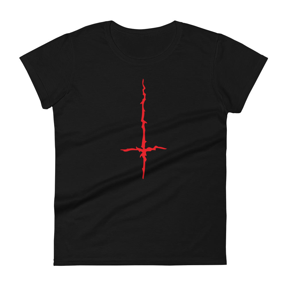 Red Melting Inverted Cross Black Metal Women's Short Sleeve Babydoll T-shirt