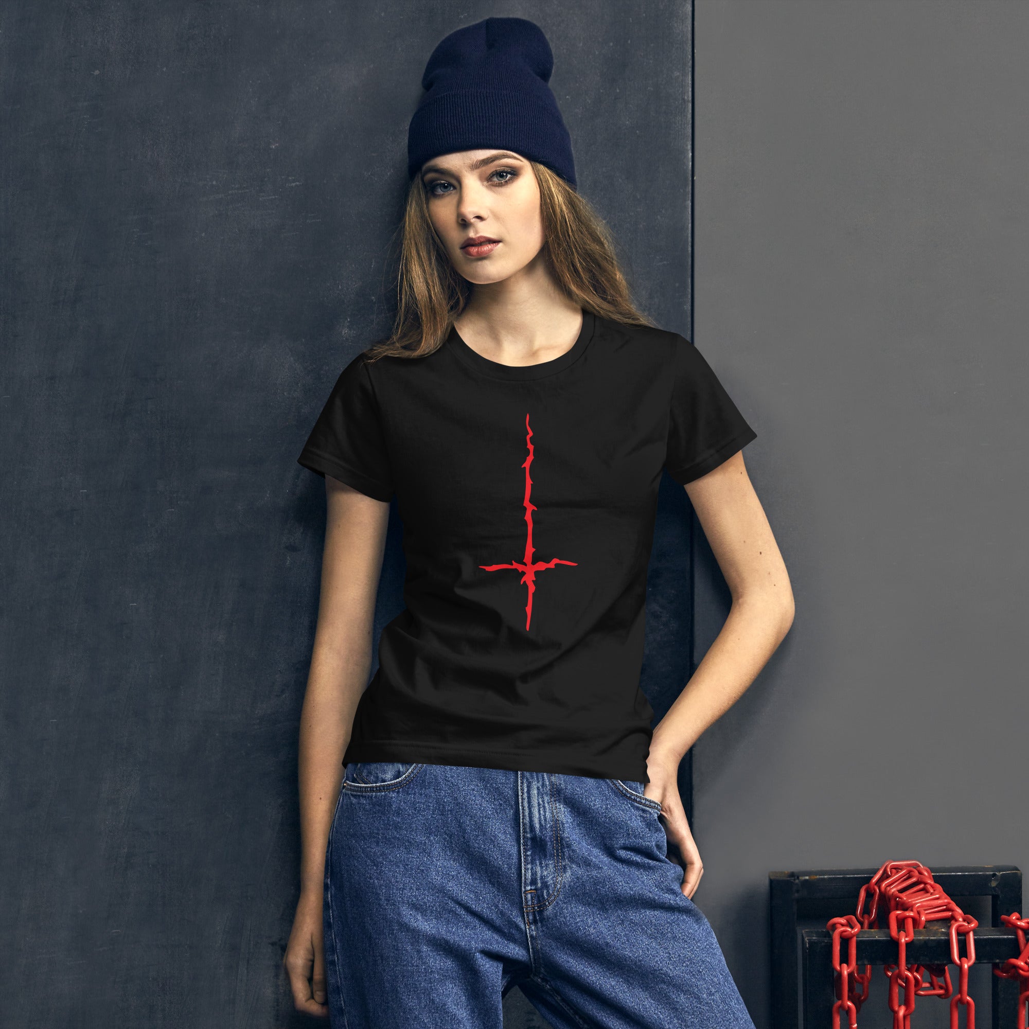 Red Melting Inverted Cross Black Metal Women's Short Sleeve Babydoll T-shirt