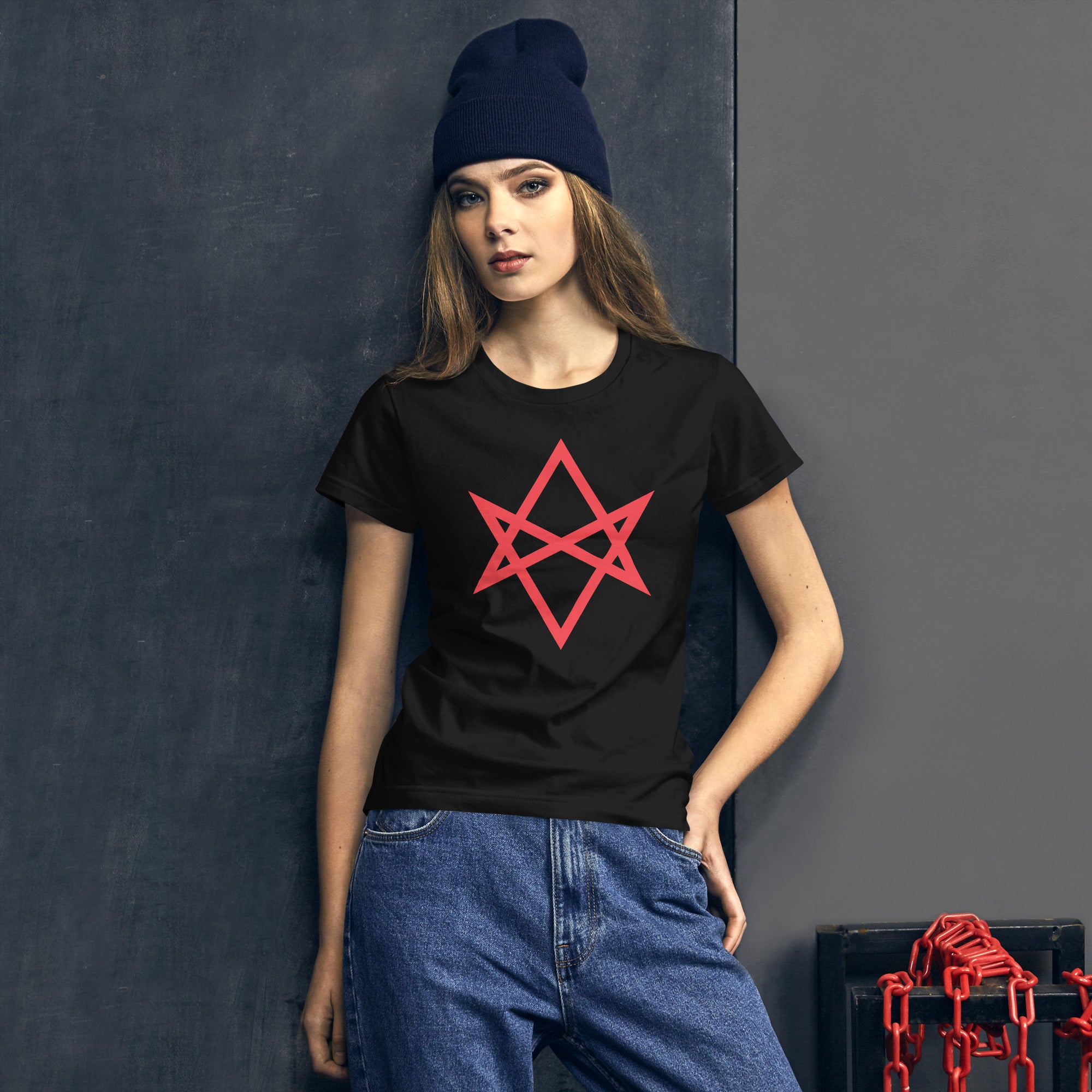 Red Unicursal Hexagram Six Pointed Star Women's Short Sleeve Babydoll T-shirt