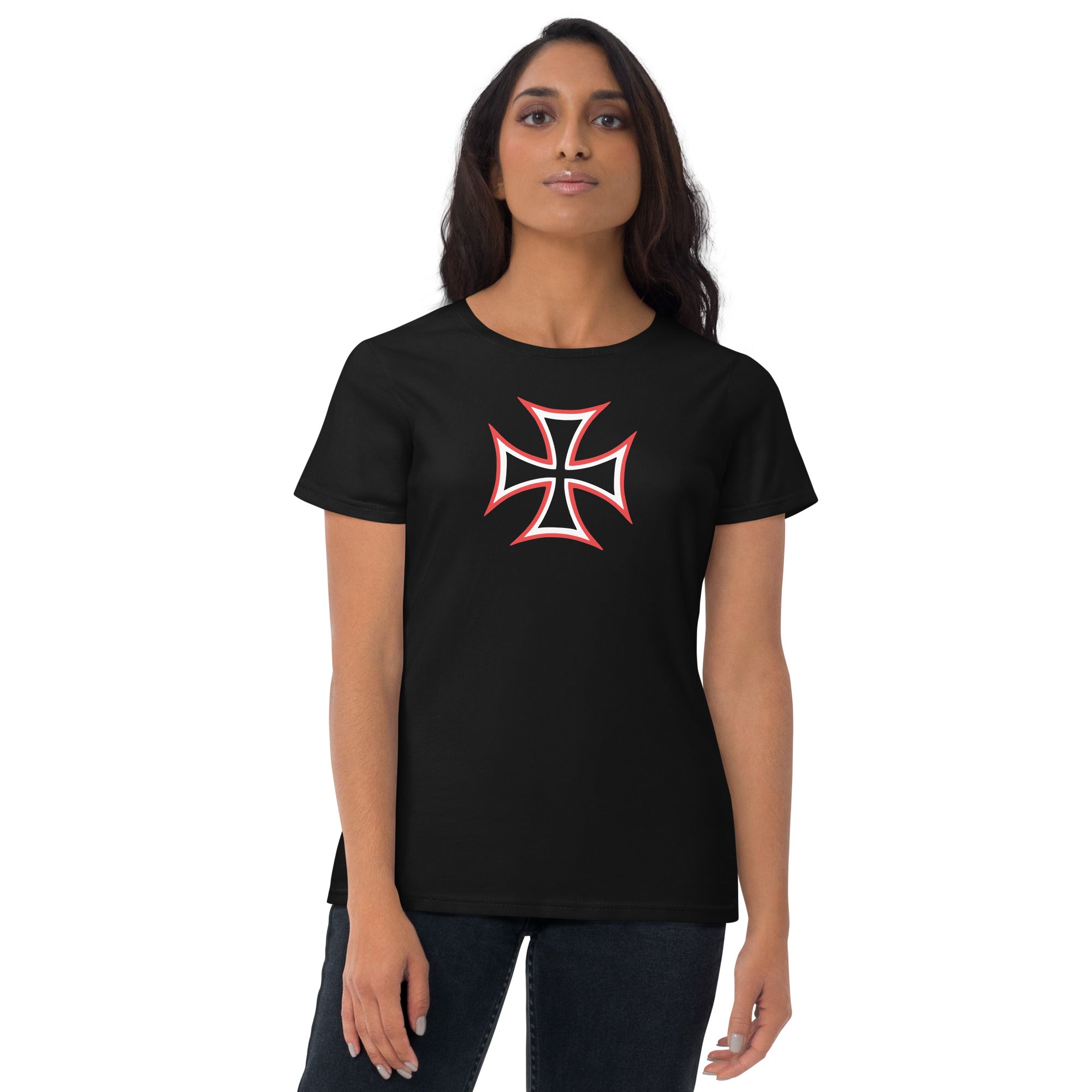 Red and White Occult Biker Cross Symbol Women's Short Sleeve Babydoll T-shirt