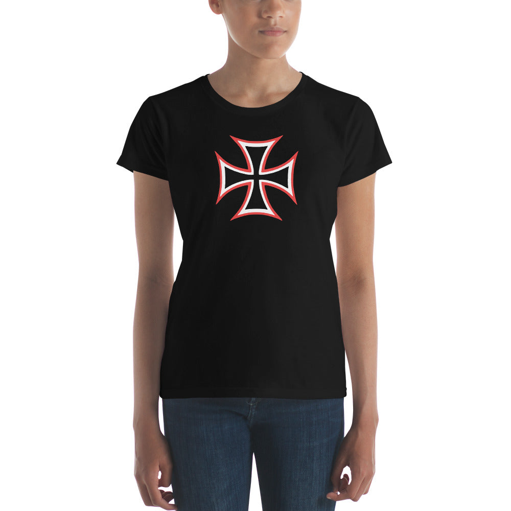 Red and White Occult Biker Cross Symbol Women's Short Sleeve Babydoll T-shirt