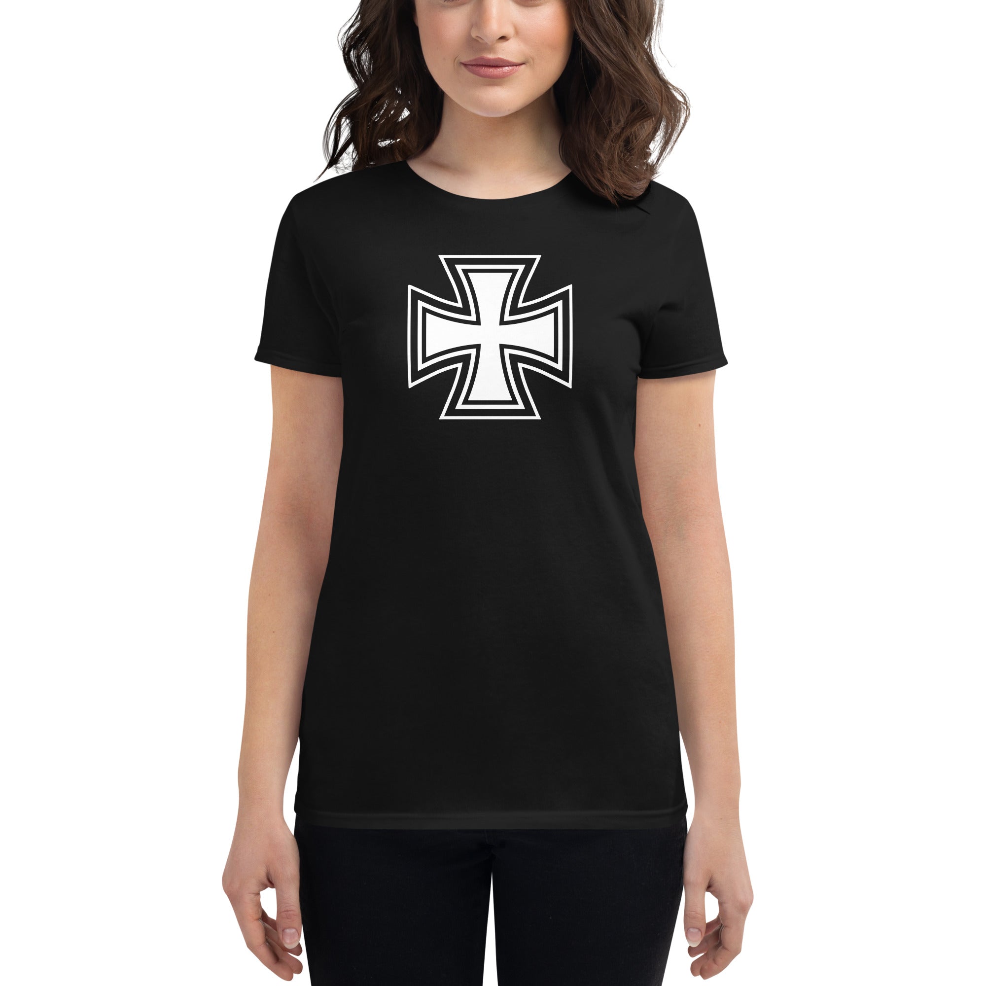 Black and White Occult Biker Cross Symbol Women's Short Sleeve Babydoll T-shirt