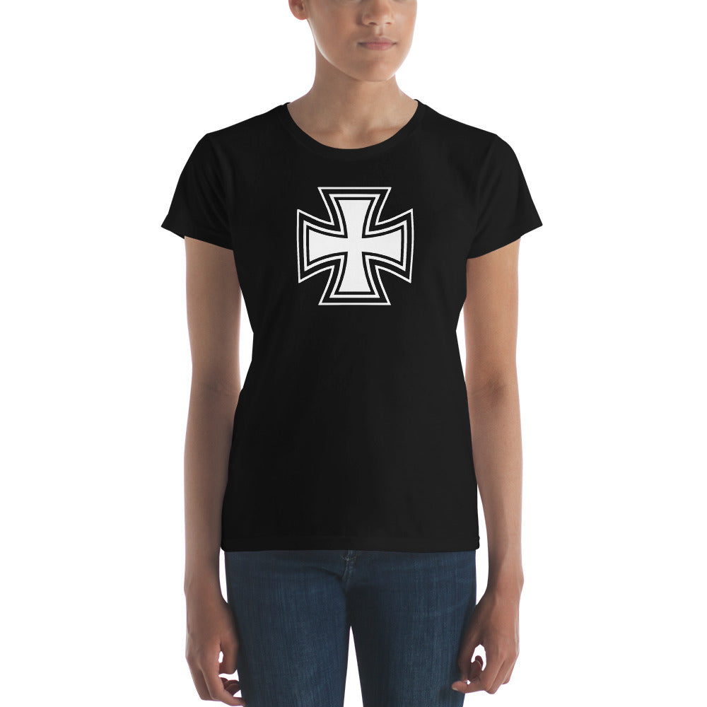 Black and White Occult Biker Cross Symbol Women's Short Sleeve Babydoll T-shirt