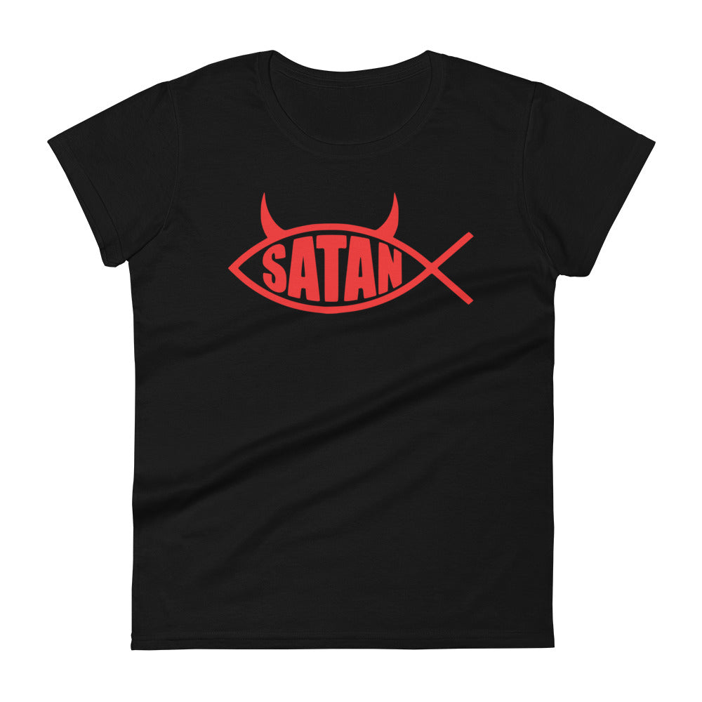 Red Ichthys Satan Fish with Horns Religious Satire Women's Short Sleeve Babydoll T-shirt