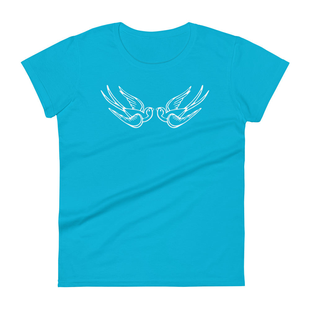 White Falling Sparrows Tattoo Style Bird Women's Short Sleeve Babydoll T-shirt