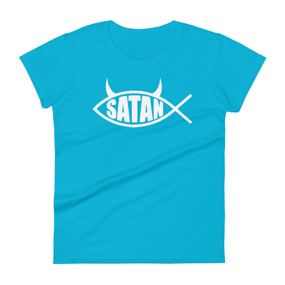 White Ichthys Satan Fish with Horns Religious Satire Women's Short Sleeve Babydoll T-shirt