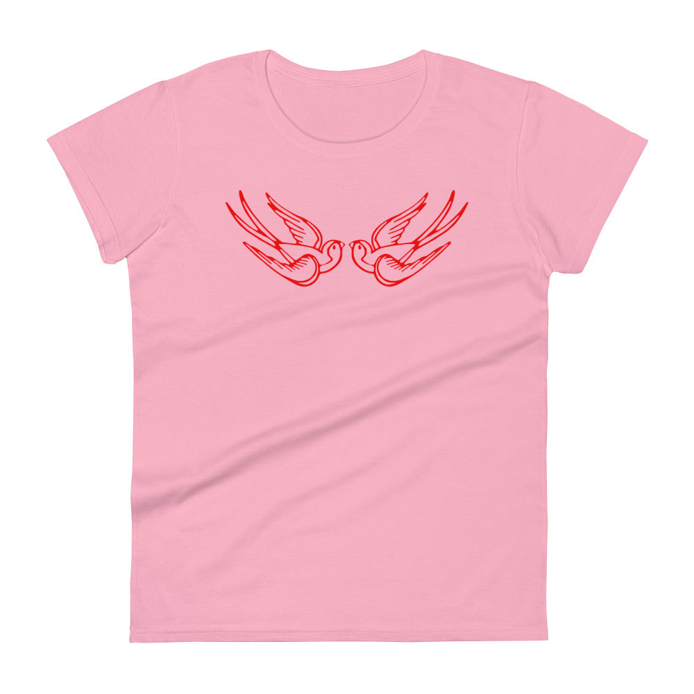 Red Falling Sparrows Tattoo Style Bird Women's Short Sleeve Babydoll T-shirt