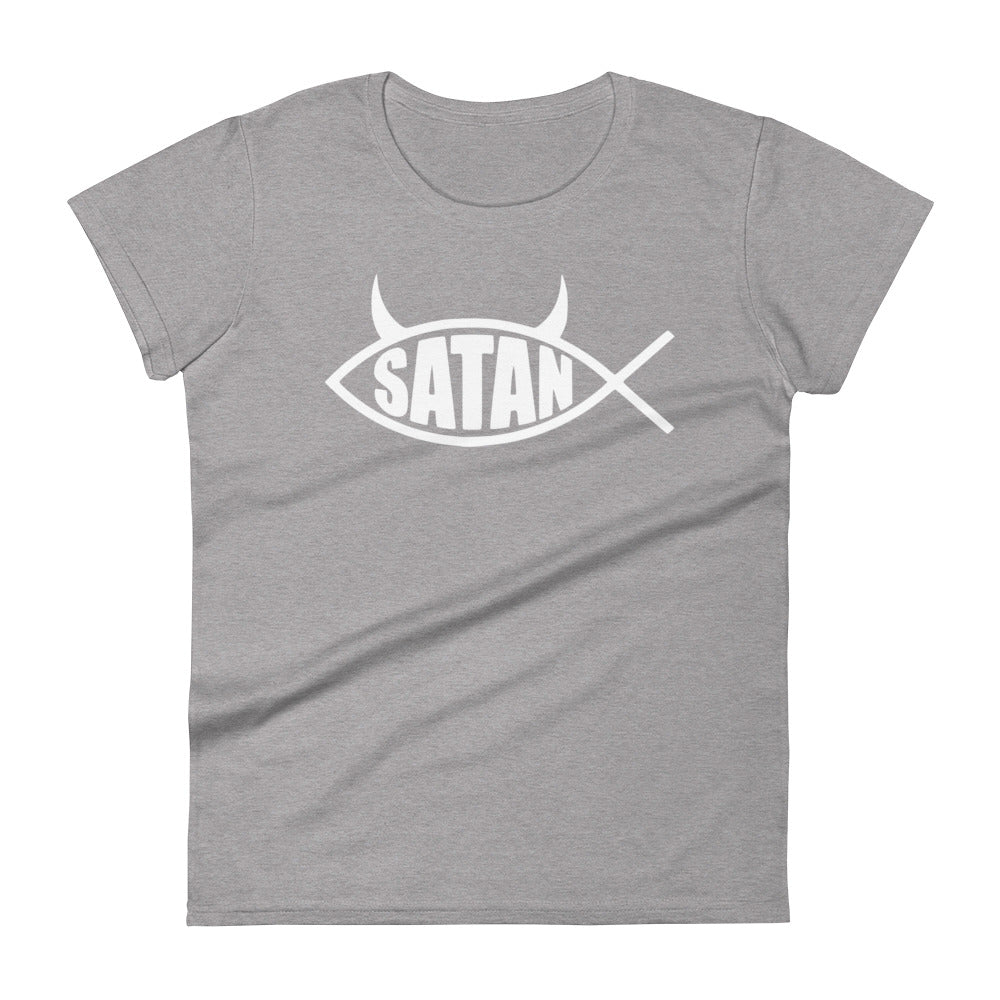 White Ichthys Satan Fish with Horns Religious Satire Women's Short Sleeve Babydoll T-shirt