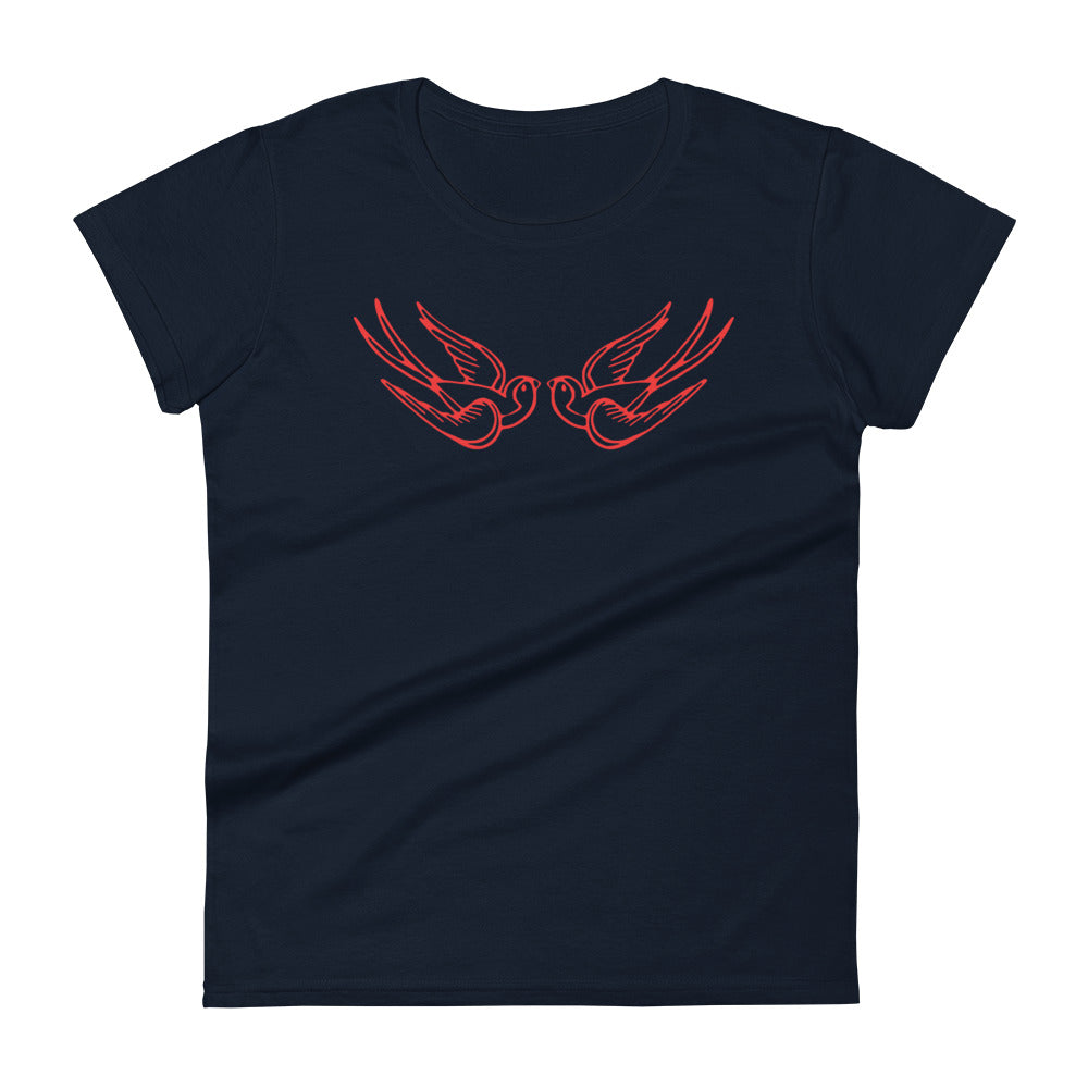 Red Falling Sparrows Tattoo Style Bird Women's Short Sleeve Babydoll T-shirt