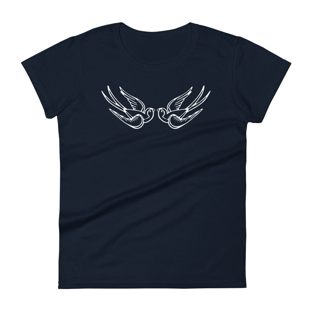 White Falling Sparrows Tattoo Style Bird Women's Short Sleeve Babydoll T-shirt