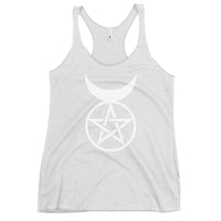 Horned God graphic on women's racerback tank, front view
