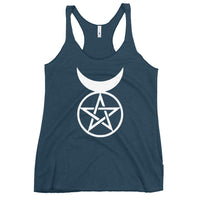 Horned God graphic on women's racerback tank, front view