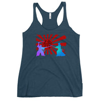 Samurai Warriors Duel graphic on women's racerback tank, front view