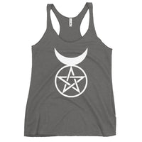 Horned God graphic on women's racerback tank, front view