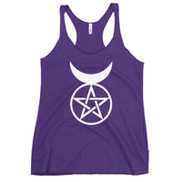 Horned God graphic on women's racerback tank, front view