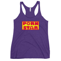 Porn Star Logo graphic on women's racerback tank, front view