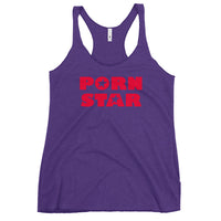 Porn Star Logo graphic on women's racerback tank, front view