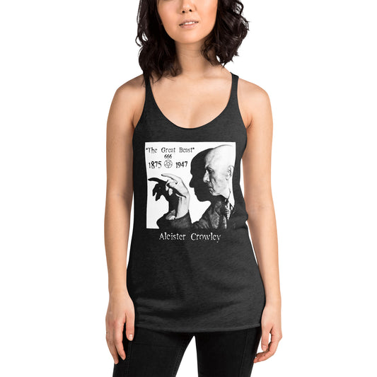 Aleister Crowley graphic on women's racerback tank, front view