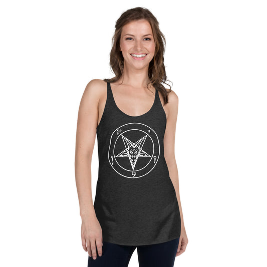 Sigil of Baphomet graphic on women's racerback tank, front view