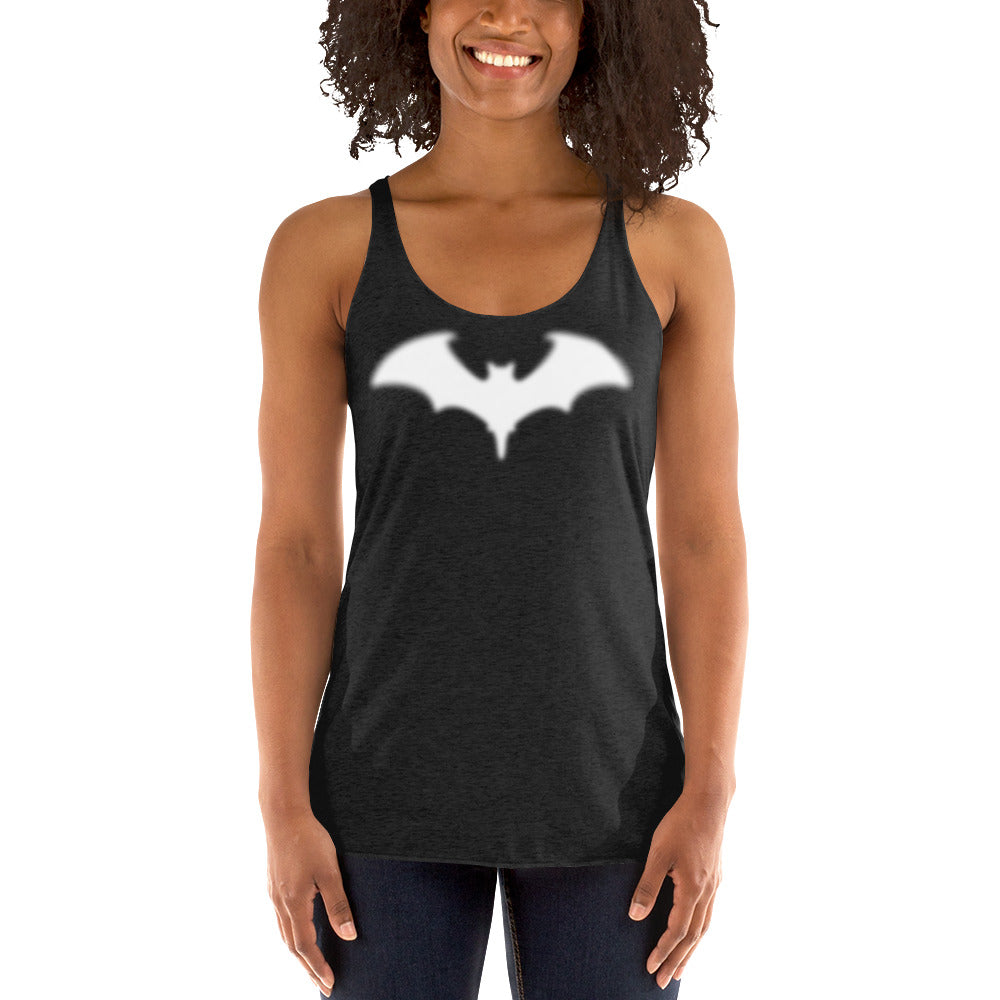 Blurry Bat graphic on women's racerback tank, front view