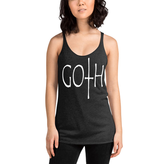 GOTH Wordmark graphic on women's racerback tank, front view