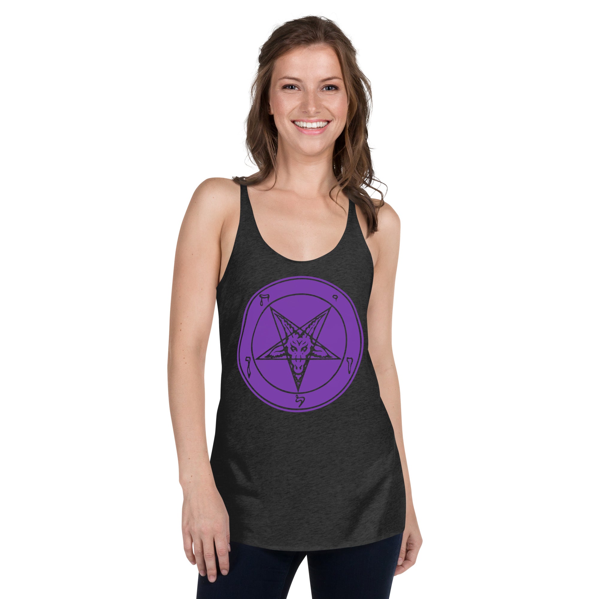 Classic Sigil of Baphomet Goat Head Pentagram Women's Racerback Tank Top Shirt Purple Print - Edge of Life Designs