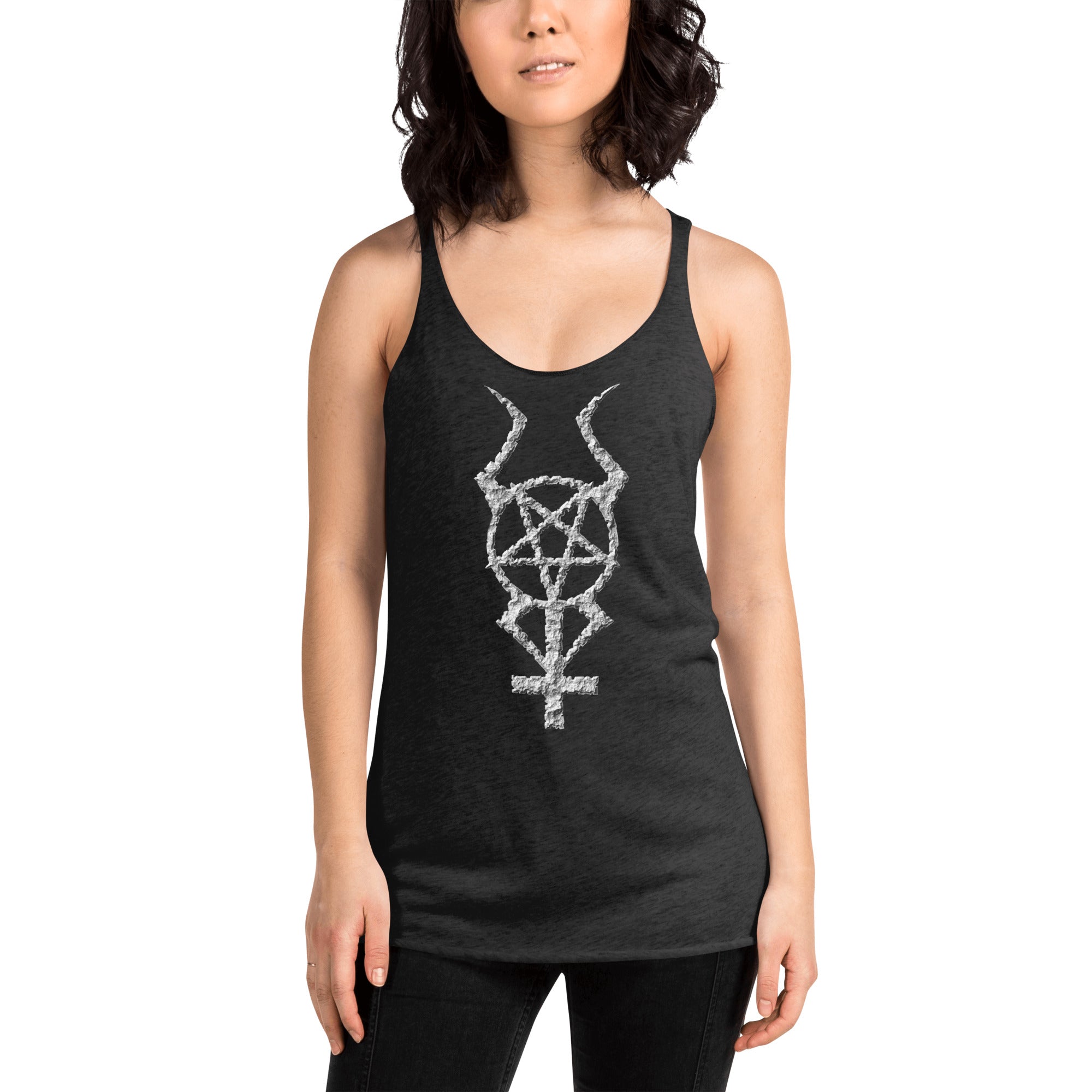 Ancient Stone Horned Pentacross Pentagram Cross Women's Racerback Tank Top Shirt - Edge of Life Designs