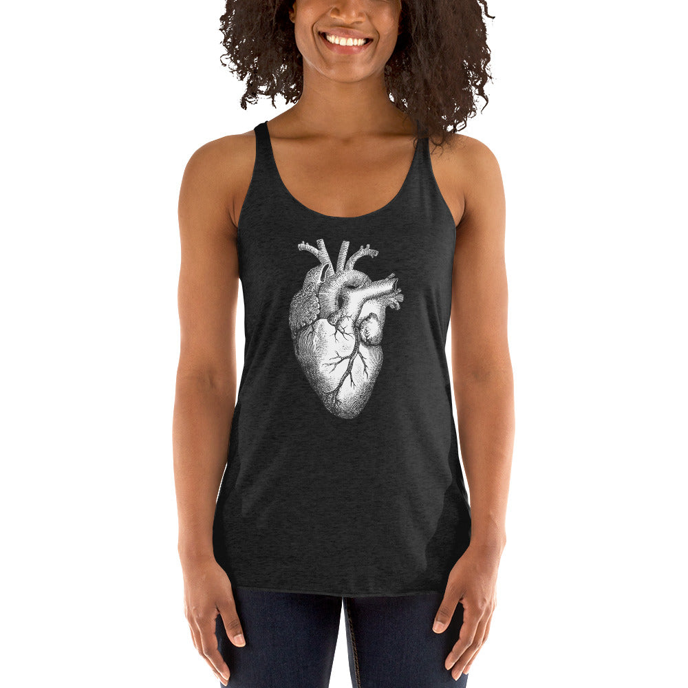 Anatomical Human Heart Medical Art Women's Racerback Tank Top Shirt Black and White - Edge of Life Designs