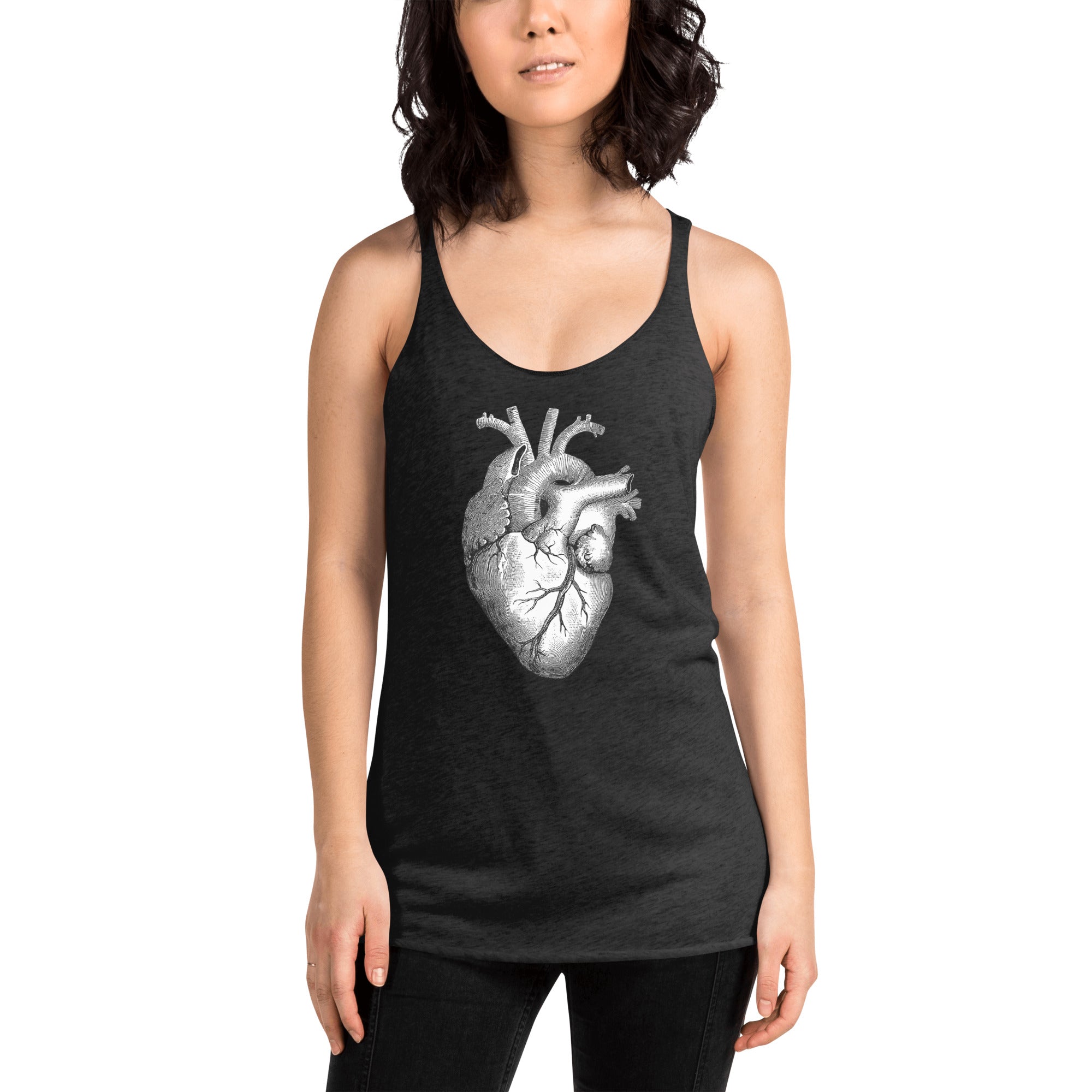 Anatomical Human Heart Medical Art Women's Racerback Tank Top Shirt Black and White - Edge of Life Designs