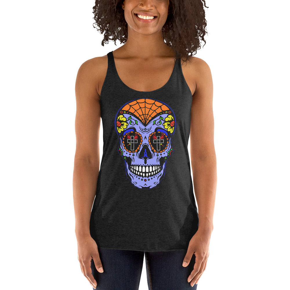 Blue Sugar Skull Day of the Dead Halloween Women's Racerback Tank Top Shirt - Edge of Life Designs