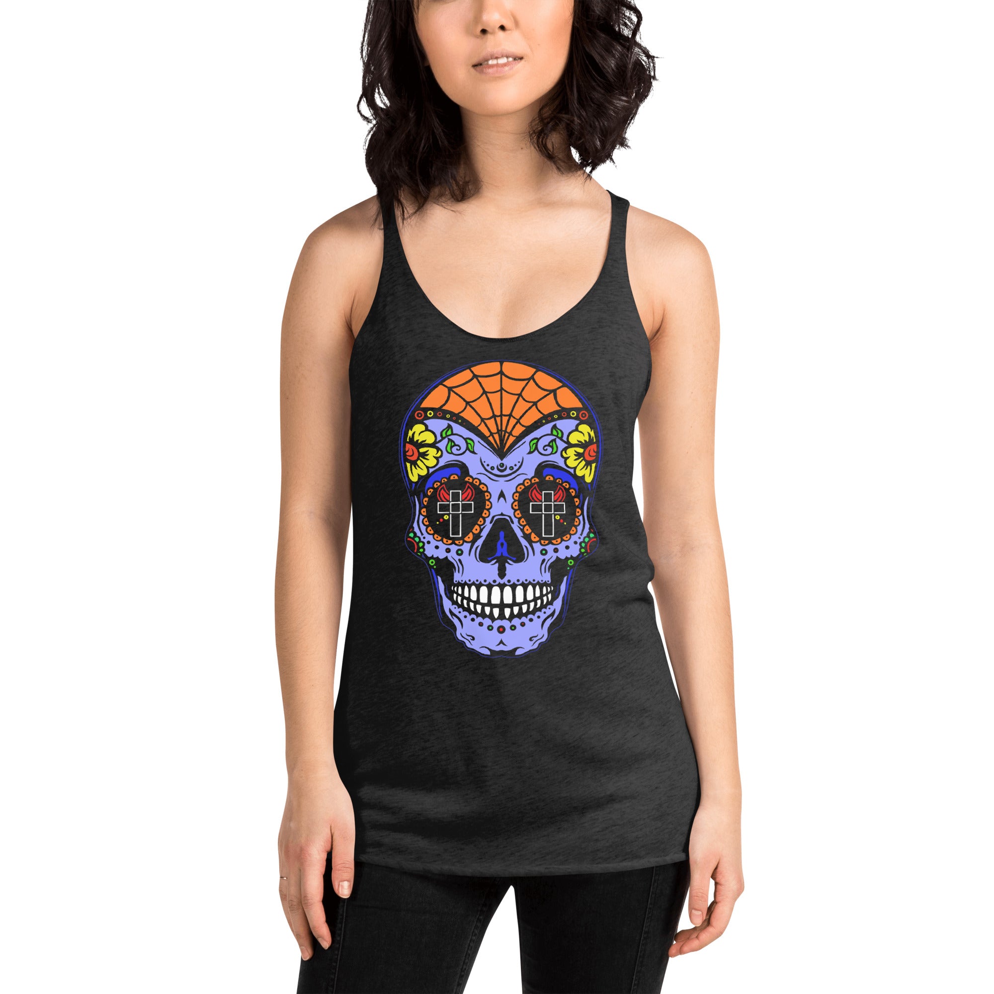 Blue Sugar Skull Day of the Dead Halloween Women's Racerback Tank Top Shirt - Edge of Life Designs