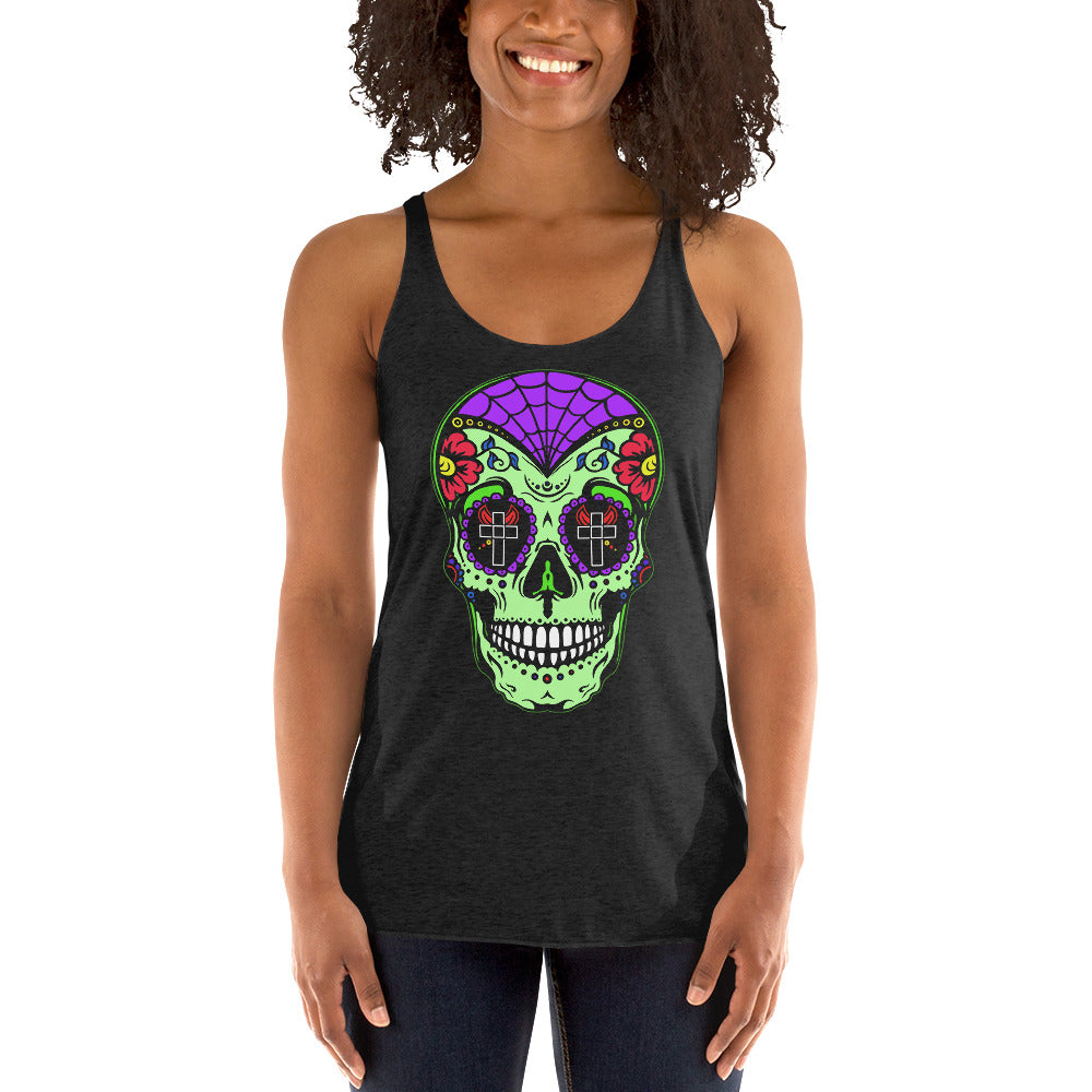 Green Sugar Skull Day of the Dead Halloween Women's Racerback Tank Top Shirt - Edge of Life Designs