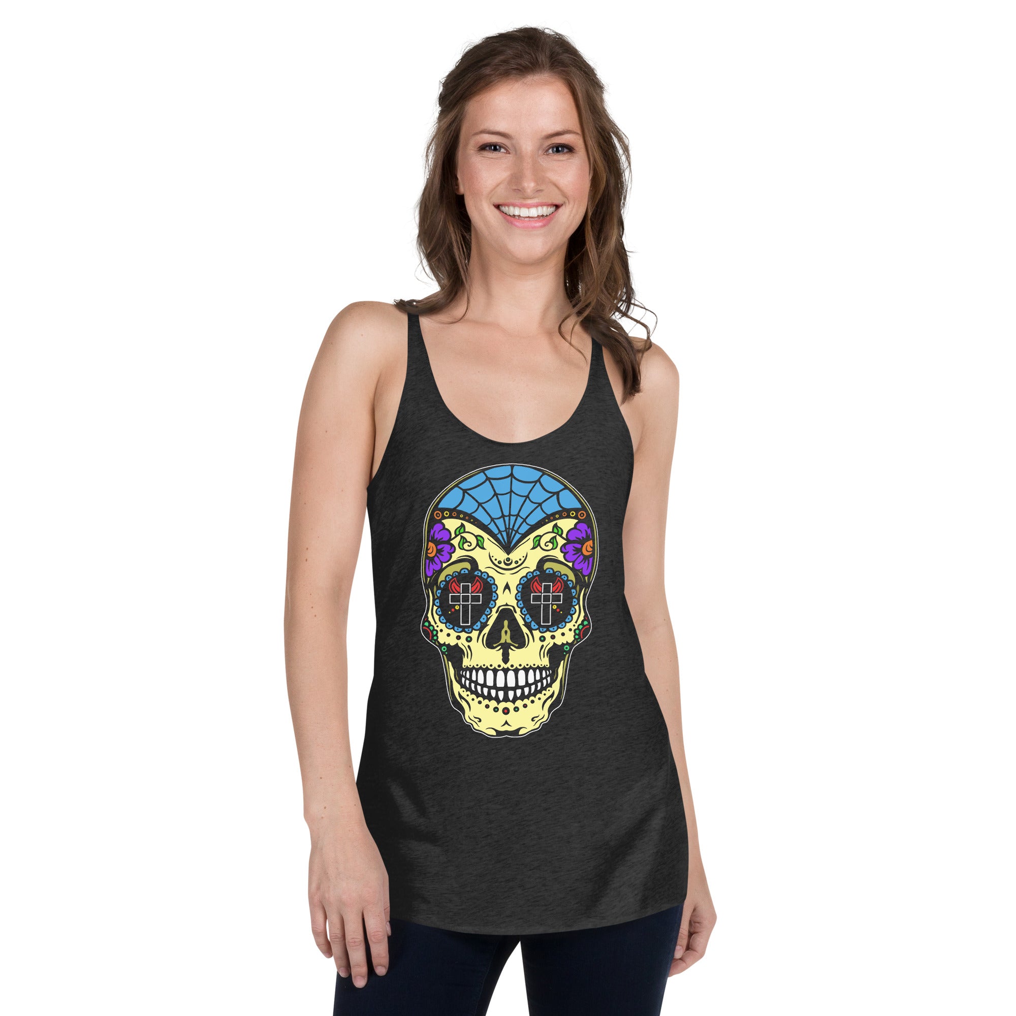 Colorful Sugar Skull Day of the Dead Halloween Women's Racerback Tank Top Shirt - Edge of Life Designs