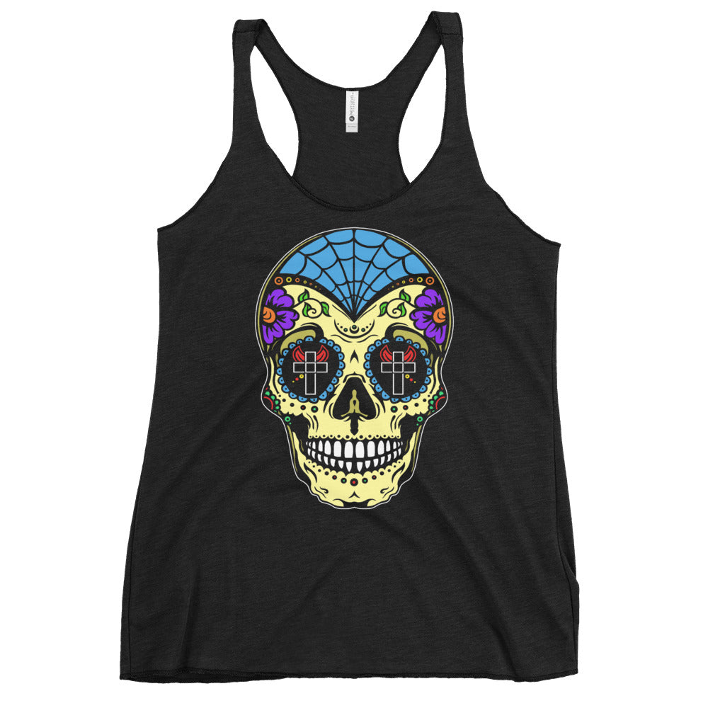 Colorful Sugar Skull Day of the Dead Halloween Women's Racerback Tank Top Shirt - Edge of Life Designs
