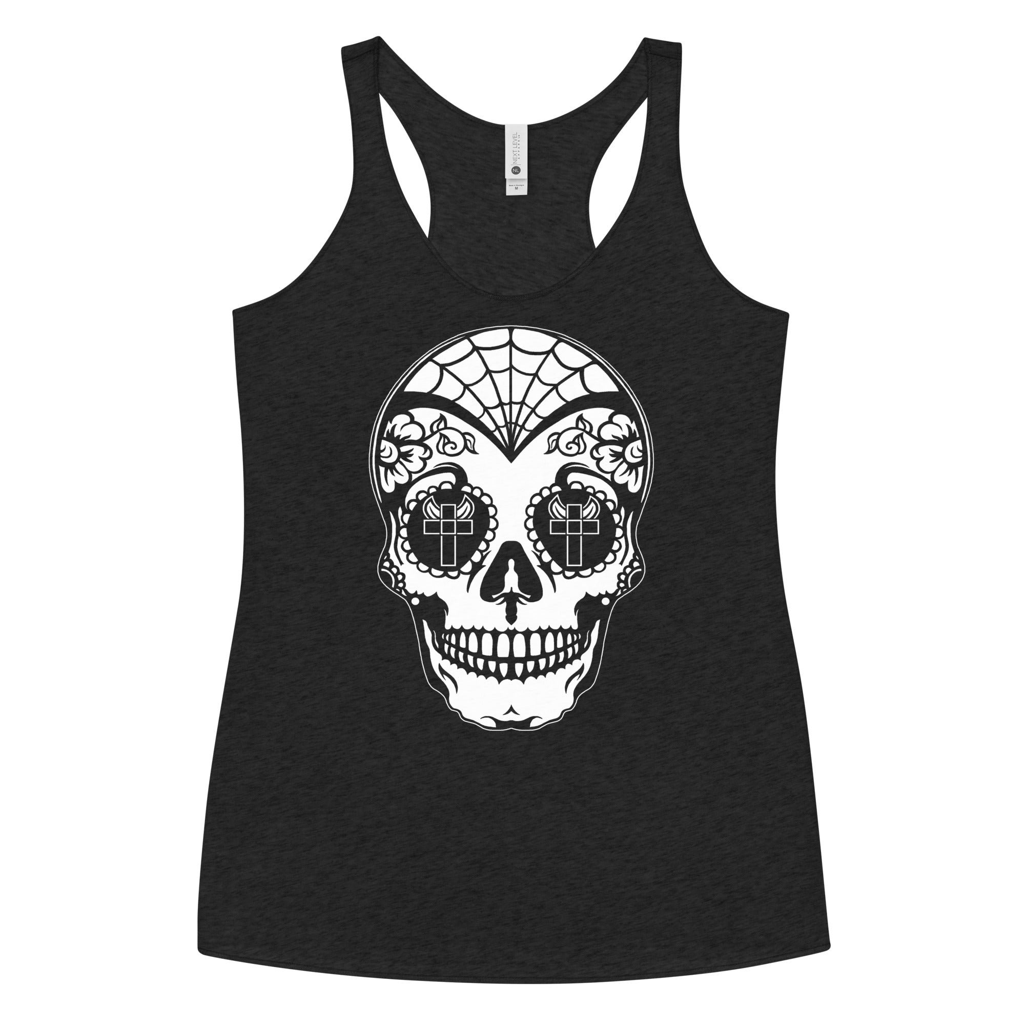 White Sugar Skull Day of the Dead Halloween Women's Racerback Tank Top Shirt - Edge of Life Designs