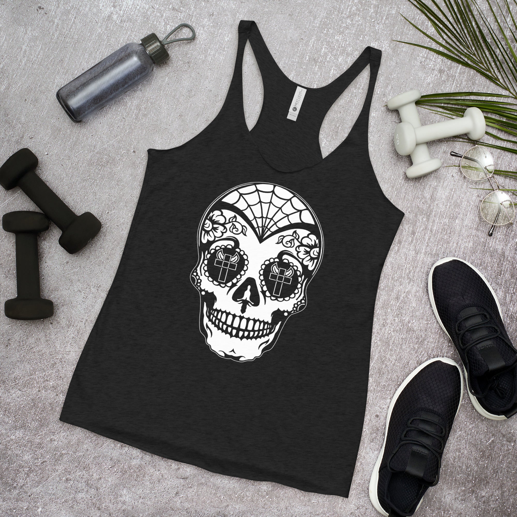 White Sugar Skull Day of the Dead Halloween Women's Racerback Tank Top Shirt - Edge of Life Designs