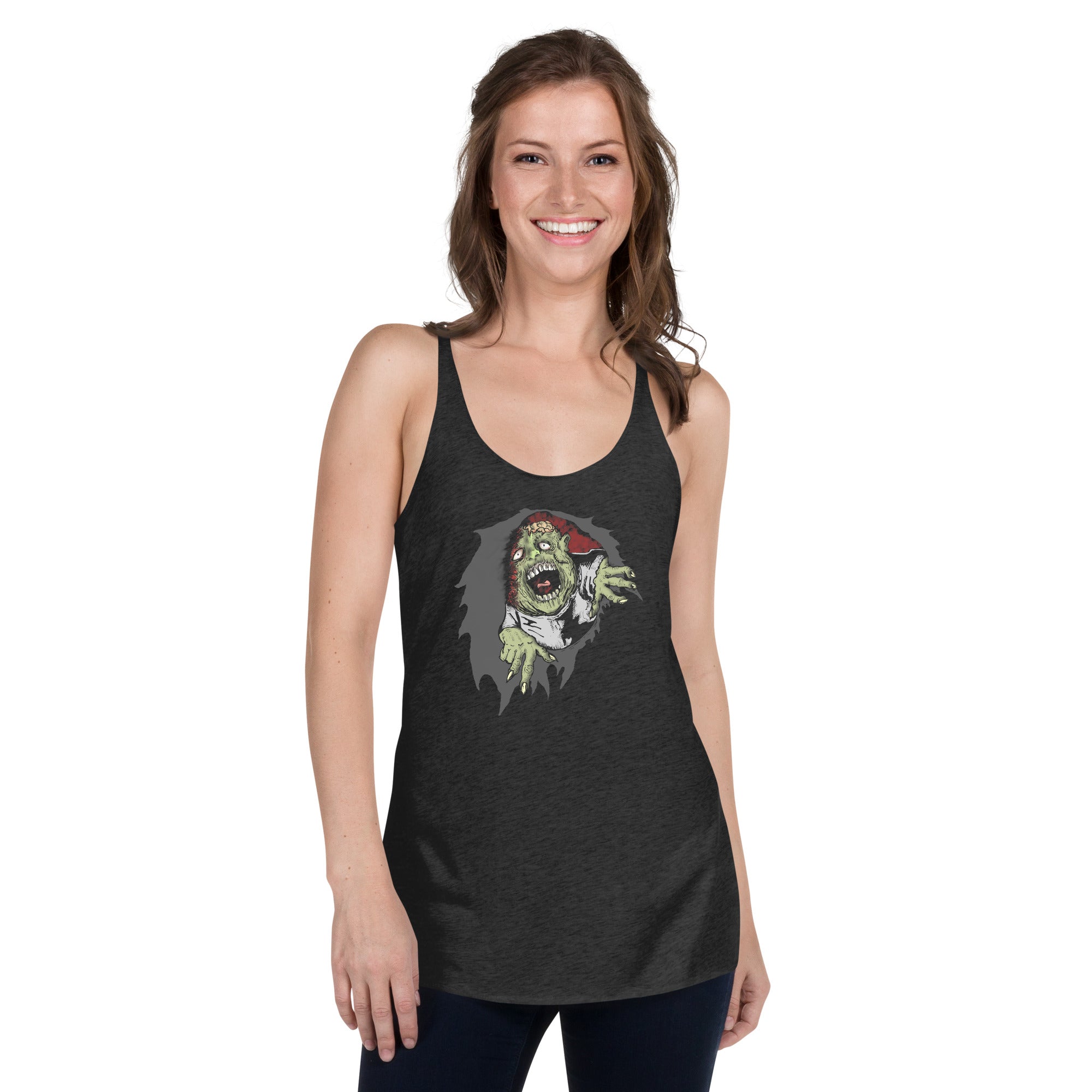 Flesh Eating Zombie Ripping Through Chest Horror Women's Racerback Tank Top Shirt - Edge of Life Designs