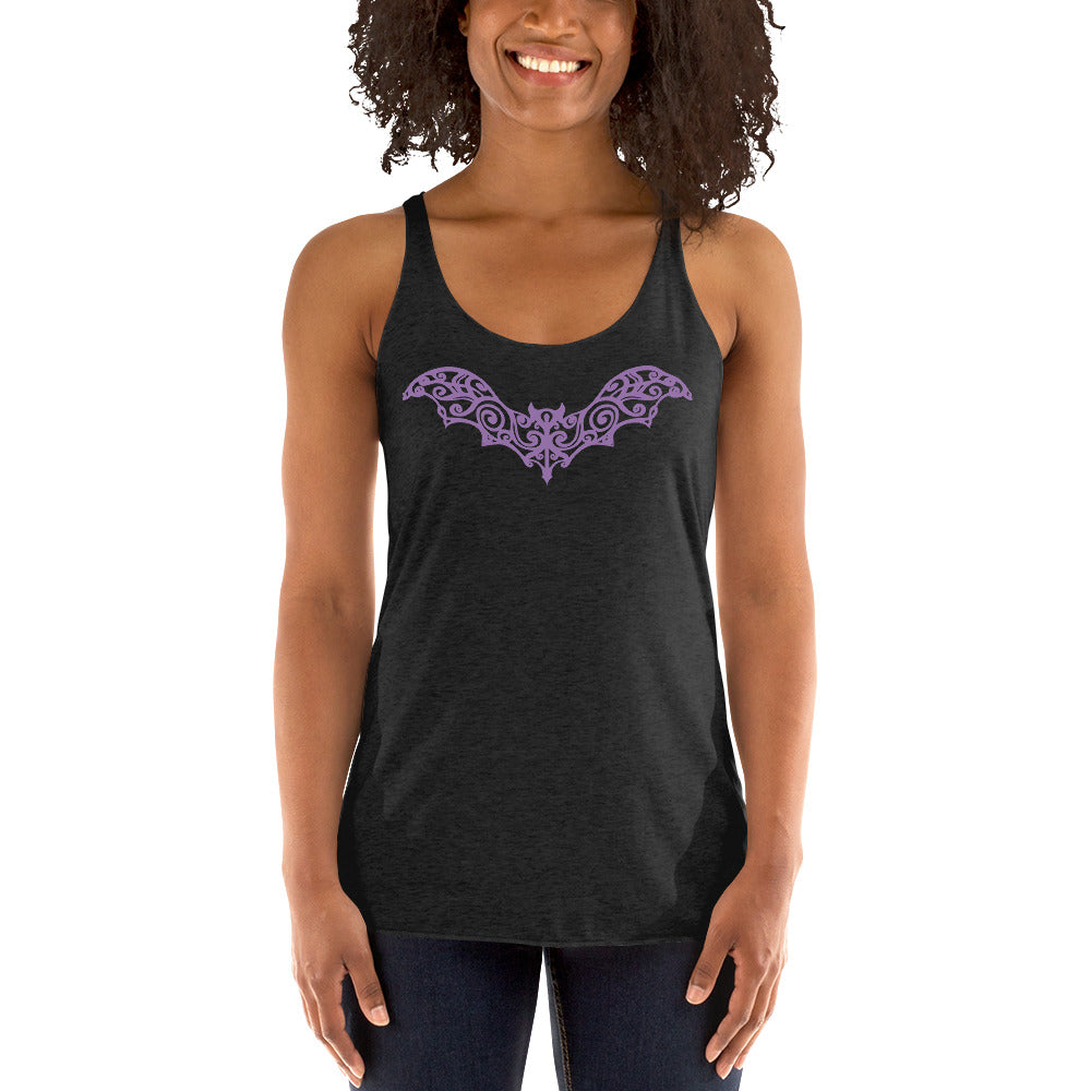 Gothic Wrought Iron Style Vine Bat Women's Racerback Tank Top Shirt Purple Print - Edge of Life Designs