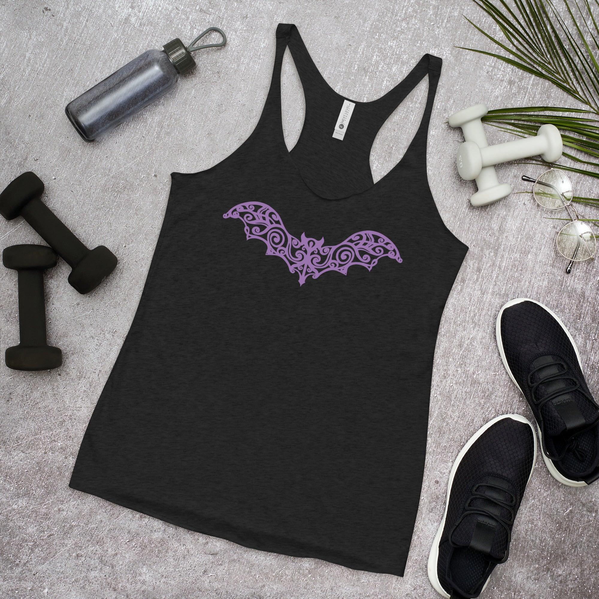 Gothic Wrought Iron Style Vine Bat Women's Racerback Tank Top Shirt Purple Print - Edge of Life Designs