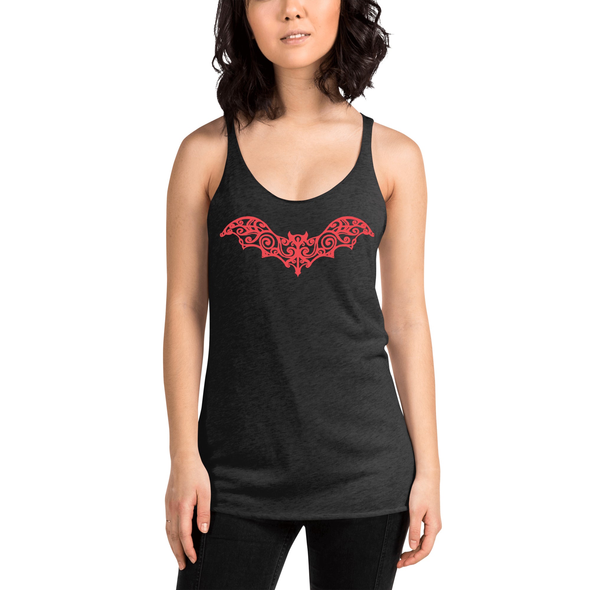 Gothic Wrought Iron Style Vine Bat Women's Racerback Tank Top Shirt Red Print - Edge of Life Designs