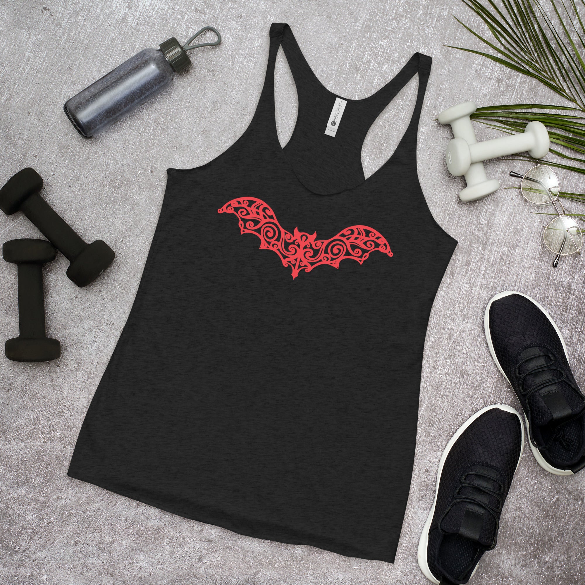 Gothic Wrought Iron Style Vine Bat Women's Racerback Tank Top Shirt Red Print - Edge of Life Designs