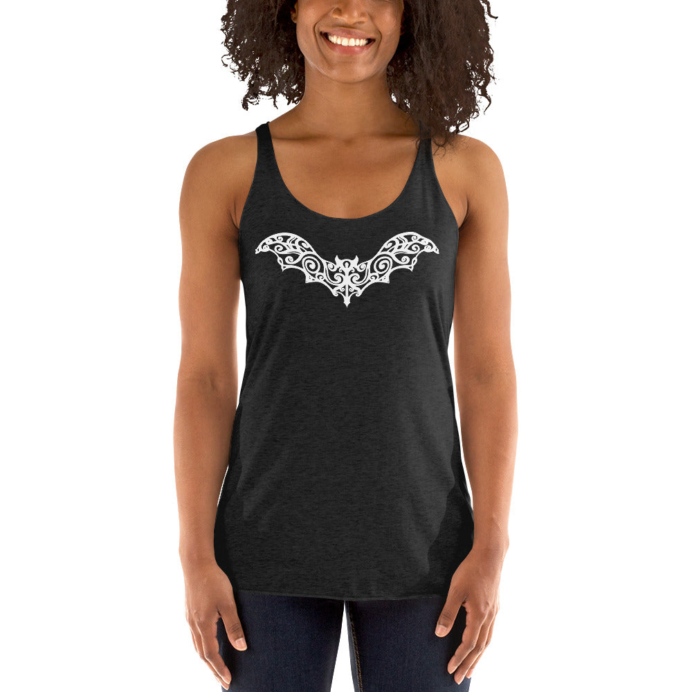 Gothic Wrought Iron Style Vine Bat Women's Racerback Tank Top Shirt White Print - Edge of Life Designs