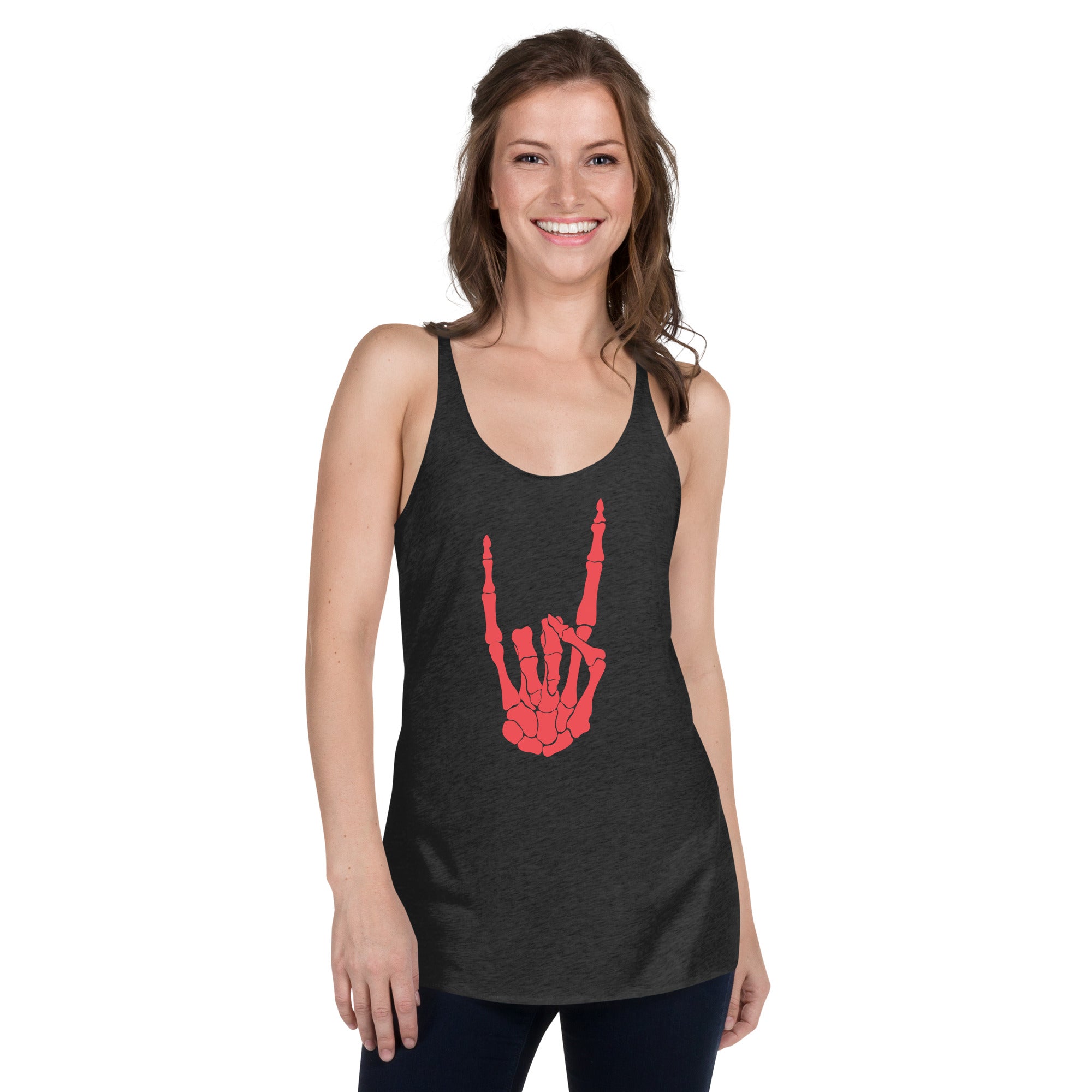 Devil Bone Hand Heavy Metal Horns Up Sign Women's Racerback Tank Top Shirt Red Print - Edge of Life Designs