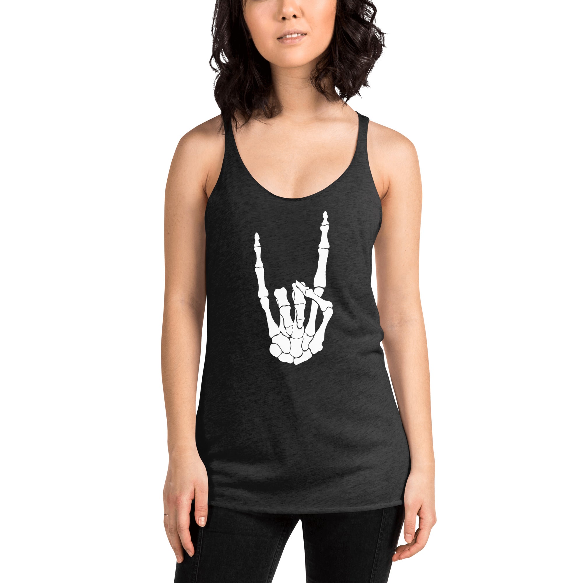 Devil Bone Hand Heavy Metal Horns Up Sign Women's Racerback Tank Top Shirt White Print - Edge of Life Designs