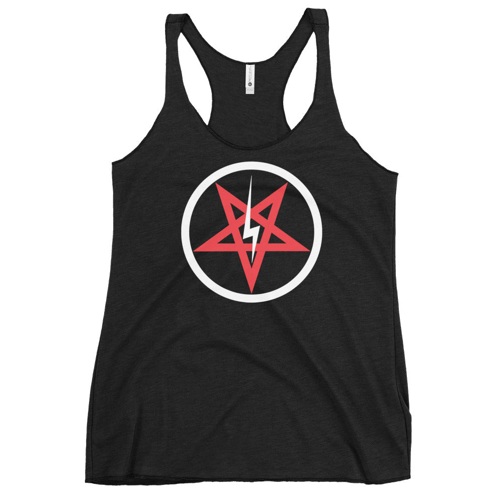 Satanic Sigil & Inverted Pentagram graphic on women's racerback tank, front view